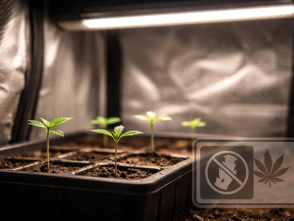 Close-up of an indoor grow tent with seedlings and a subtle overlay indicating zero plants permitted in NJ.