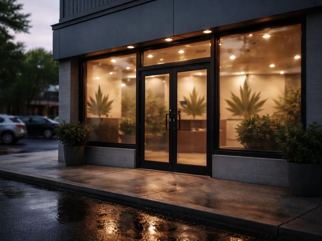 Exterior view of a New Jersey cannabis dispensary storefront with warm lights and subtle lawful signage.