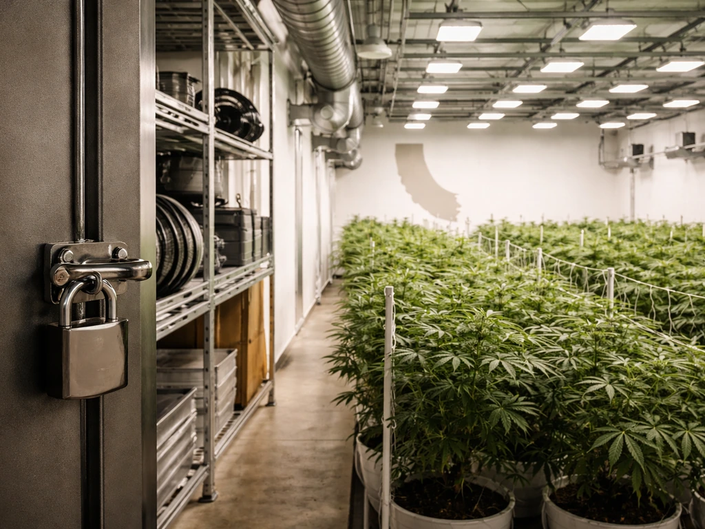Secure indoor cannabis grow room with locked door and subtle California map background blur