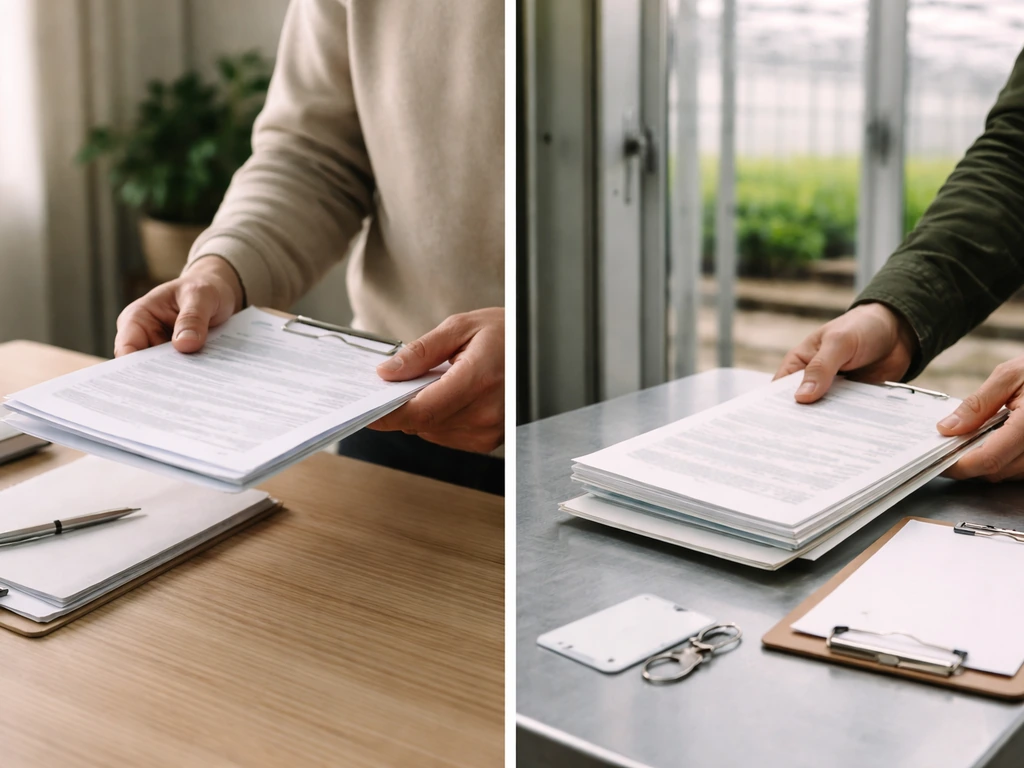 Two minimal desk/entryway scenes contrasting medical paperwork route vs commercial license route.