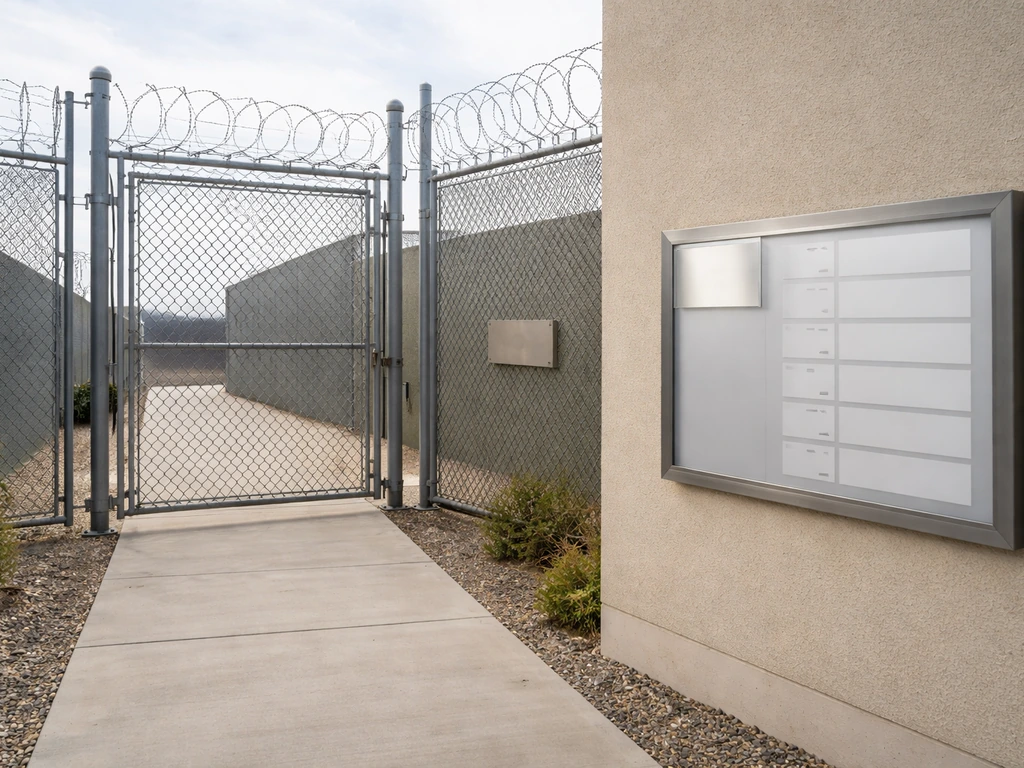 Secure gate and official-looking facility signage with an approval board layout behind frosted glass.