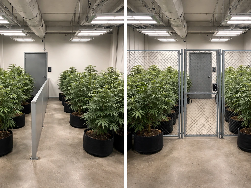 Split view of a grow room: 6 plants with basic security vs 10+ plants with extra locked barriers.