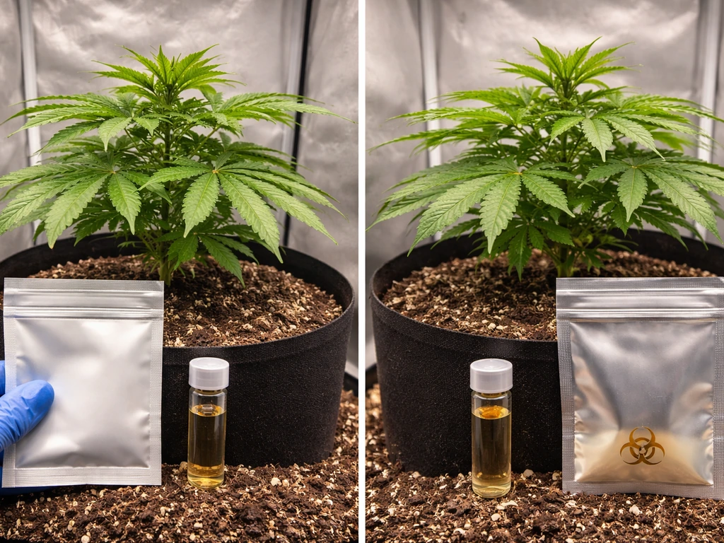 Split view of two cannabis plants beside compliant labeling cues for hemp vs marijuana thresholds.
