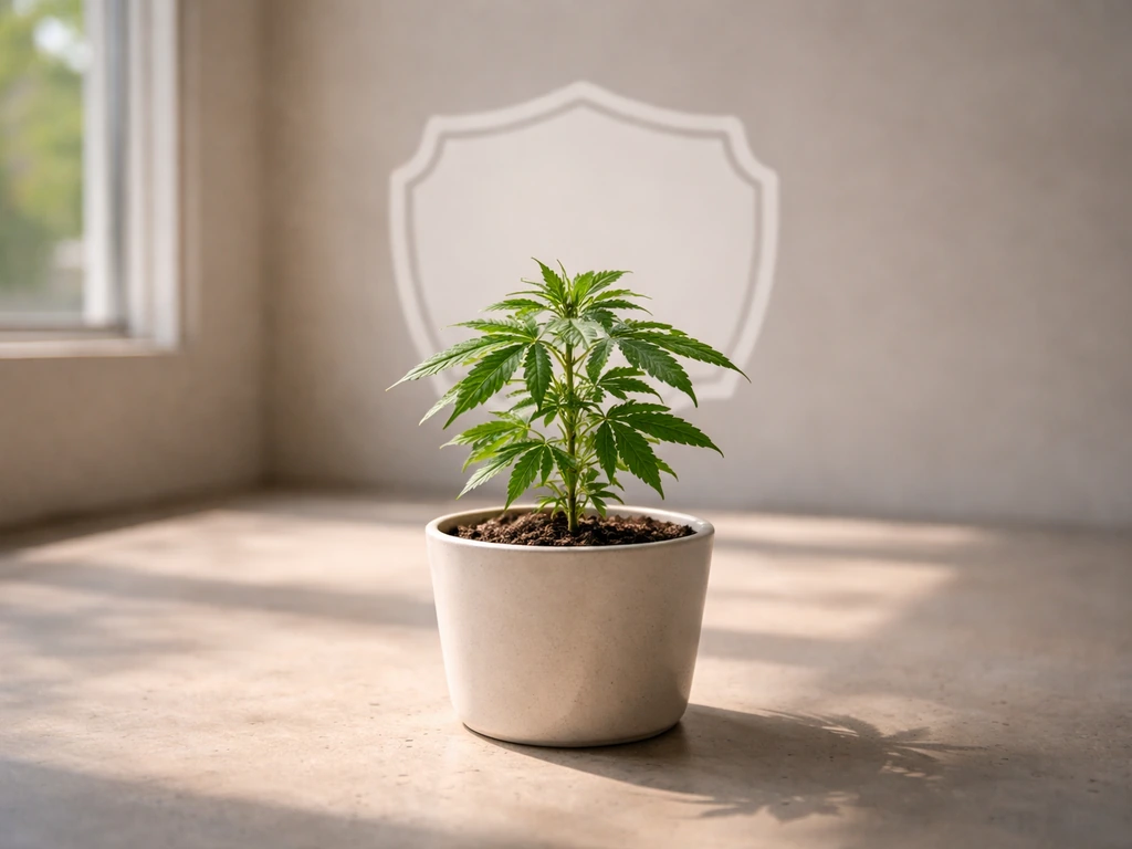 A small cannabis plant in a simple pot with an abstract badge-like shape implying Schedule I status.
