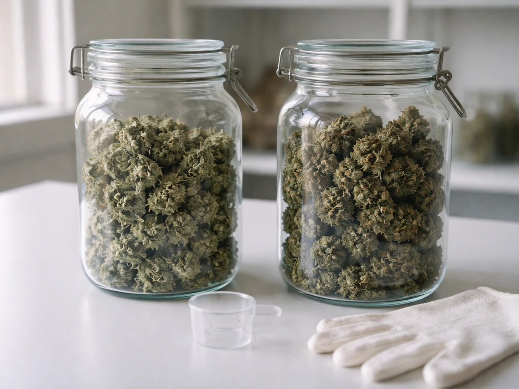 Two adjacent jars of hemp buds and marijuana buds on a workbench in a simple grow room.