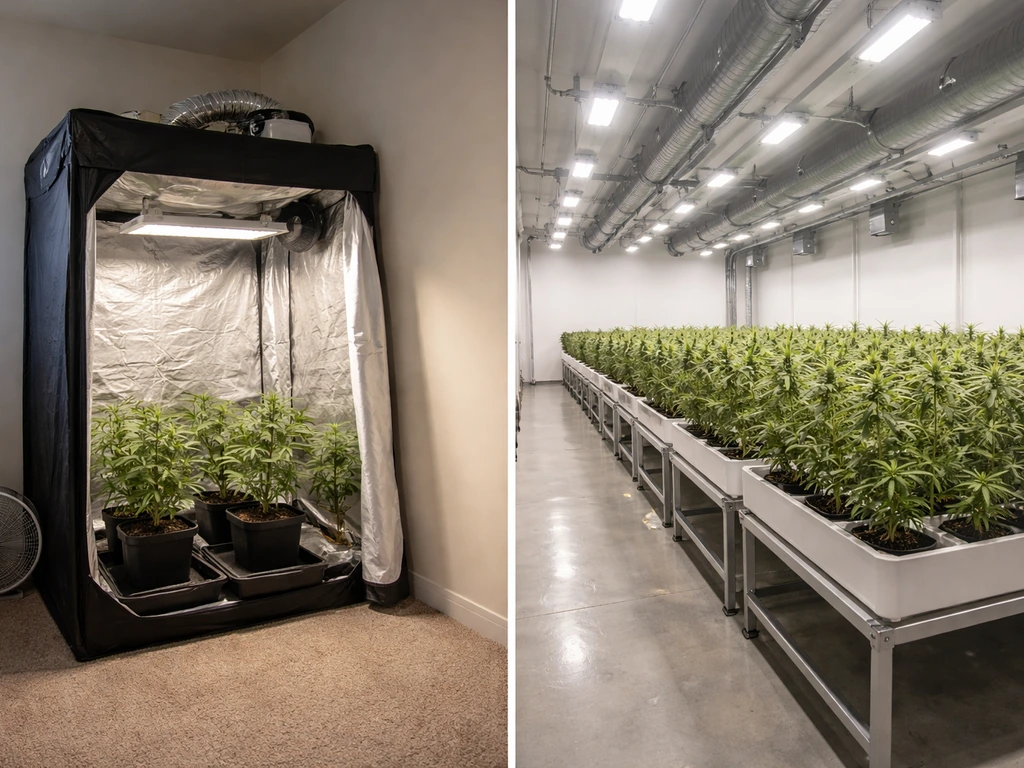 Split view: home grow tent with basic gear on left and a clean licensed cultivation room on right.