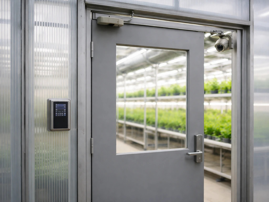 Locked entry to a secured greenhouse with cultivation racks and a monitoring camera, industrial compliance feel.