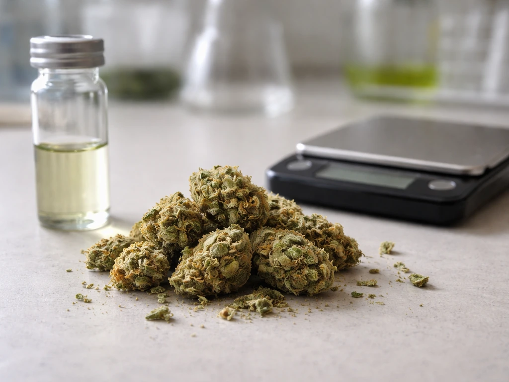 Close-up of cannabis buds beside a small lab-style vial and scale, suggesting THC threshold testing.