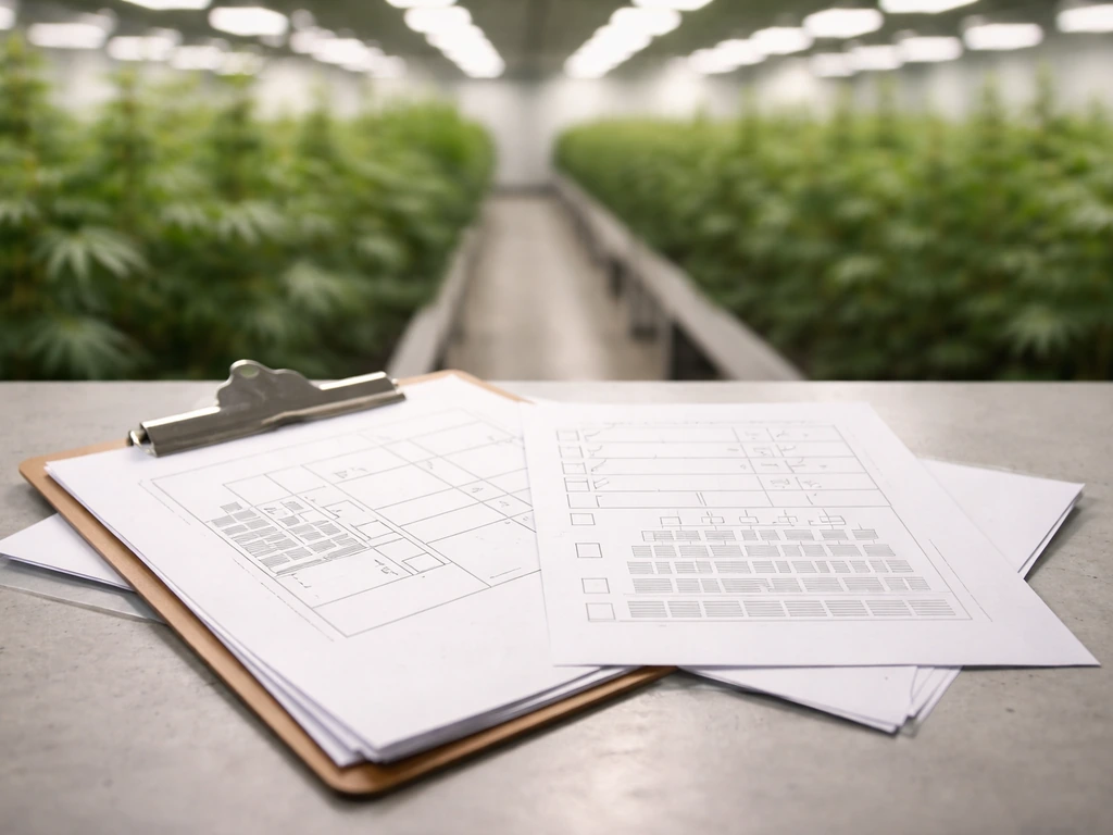 Minimal view of a Michigan cannabis grow facility planning table with a simple plan overlay and inspection checklist.