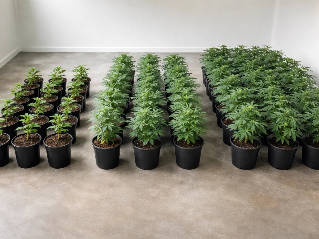 Three simple groups of potted cannabis plants in an indoor grow room, suggesting different license tiers.