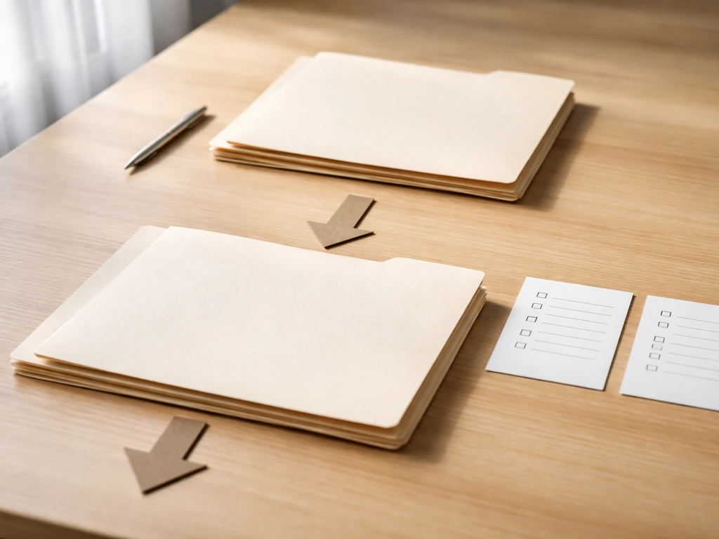 Minimal desk with folders, pen, and blank papers arranged to show a two-step workflow from one stage to next.