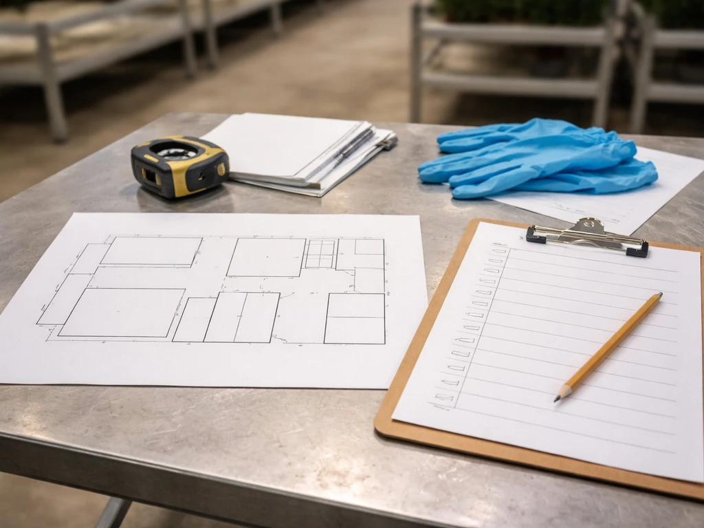 Overhead view of cultivation license planning papers and checklist on a table in an indoor grow setting.