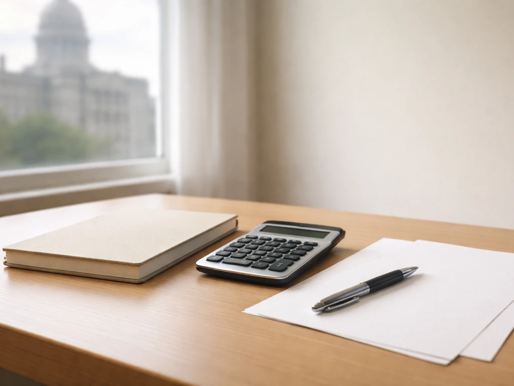 Minimal desk scene with a closed notebook and calculator, suggesting budgeting for Michigan Class A grow license fees