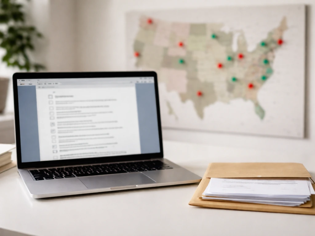 Laptop with blurred licensing checklist, paperwork envelope, and pinned tabletop map suggesting state-by-state steps.