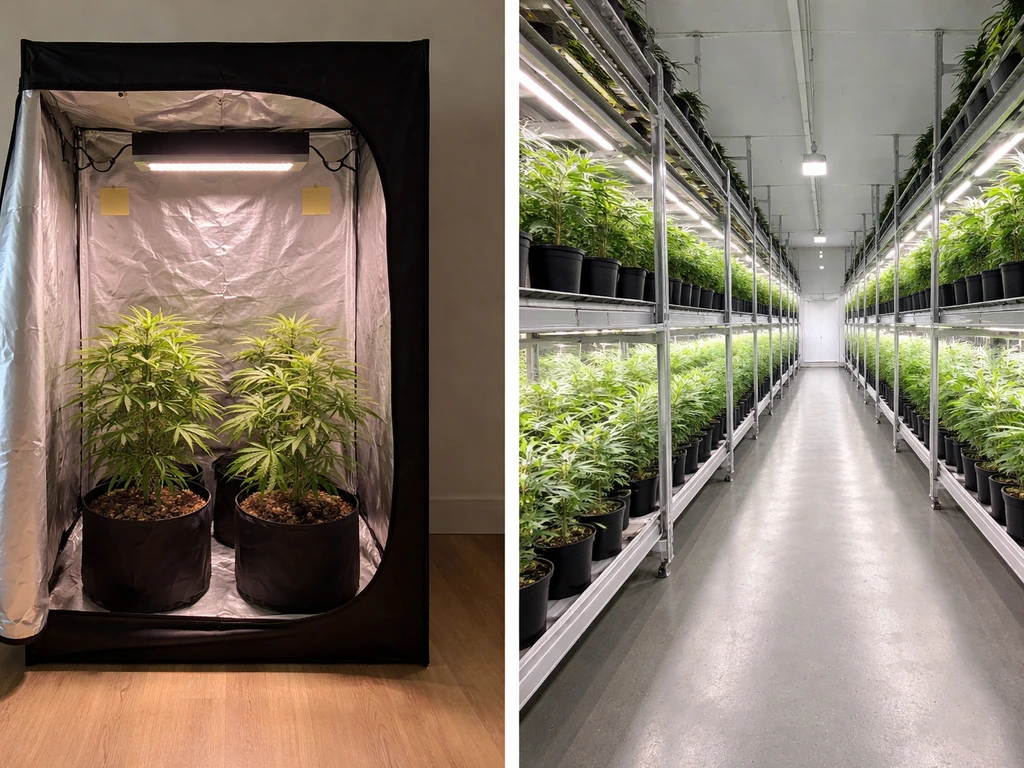 Split scene of small home grow tent with plants and a separate commercial greenhouse with racks.