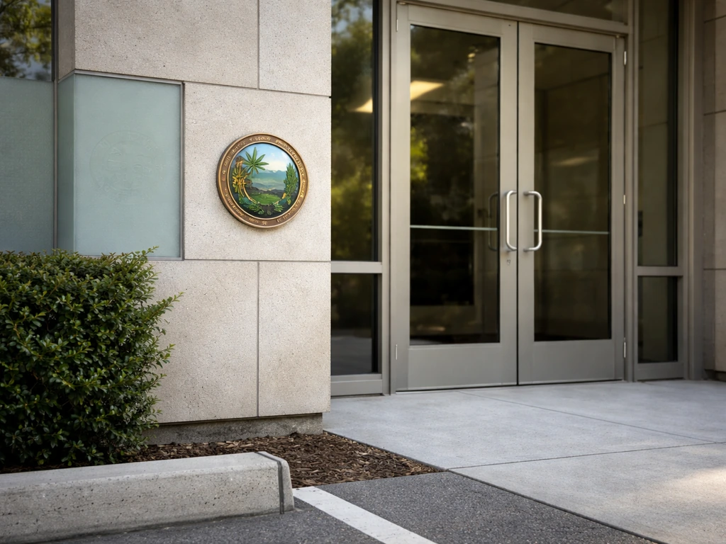 Minimal exterior of a government office entrance with subtle DCC/CLS-style signage, no people.