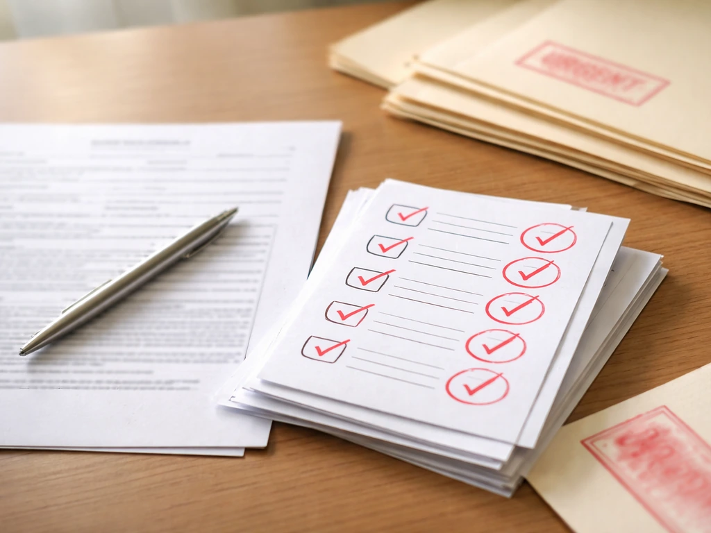 Close-up of a blurred application form with red-flag checklists and a red stamp on papers.