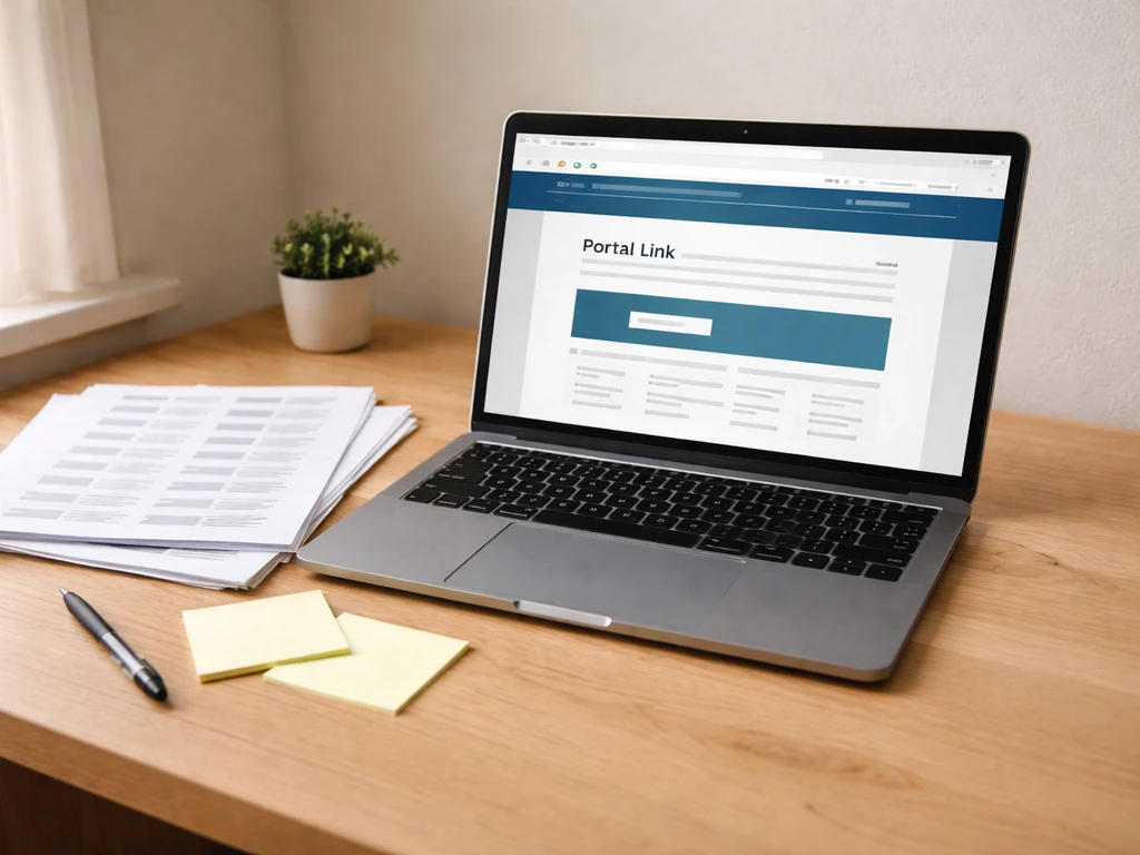Minimal desk scene with a laptop showing a regulator webpage and a printed sheet with state portal links.