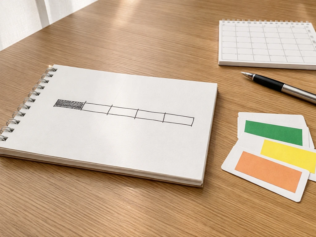 Minimal photo of a desk with a simple timeline bar drawn on paper and a fee-tier style card set
