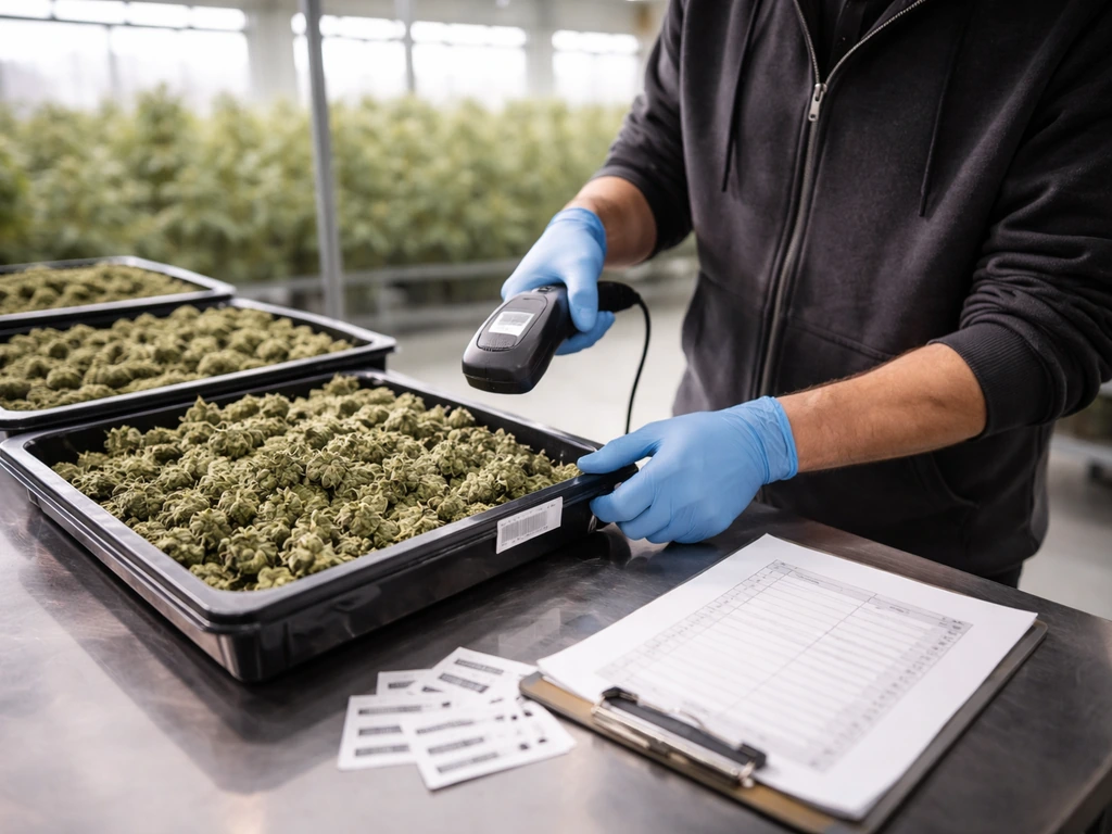 Gloved worker scanning a METRC-style cannabis inventory label on a harvest tray in a clean grow room.