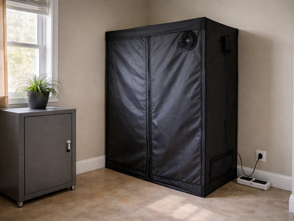 Indoor grow tent in a quiet Ohio home corner with locked storage and careful compliance cues