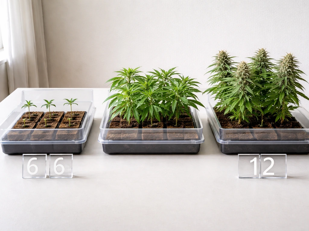 Minimal photo of a cannabis grow setup with three labeled stages and clear plant-cap layout