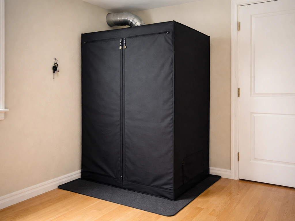 Locked grow tent enclosure in a home room with containment-focused details and visible latch features.