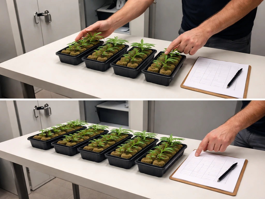 Person counts small plant trays before and after propagation, tally sheet nearby in a clean indoor grow room