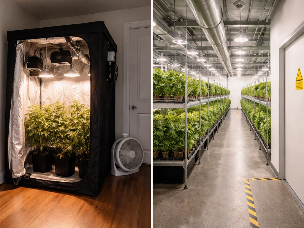 Split view of a home grow tent beside a licensed-style cultivation facility, showing personal vs commercial contrast.
