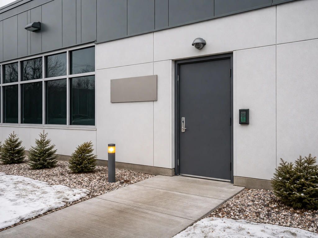 Discreet exterior entry of a Canadian licensed cannabis cultivation facility with staff door and compliance vibe