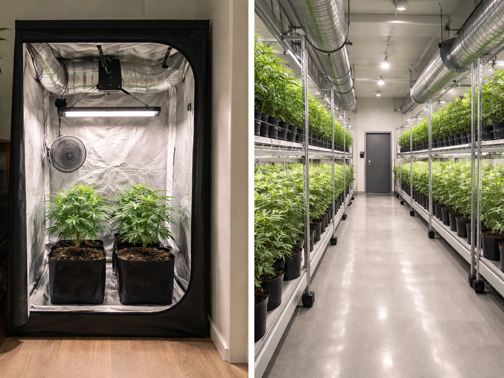 Split image: small indoor four-plant grow tent on left vs larger ventilated commercial grow room on right.