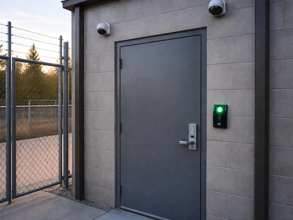 Locked cultivation facility entrance with badge reader and security cameras under bright natural light