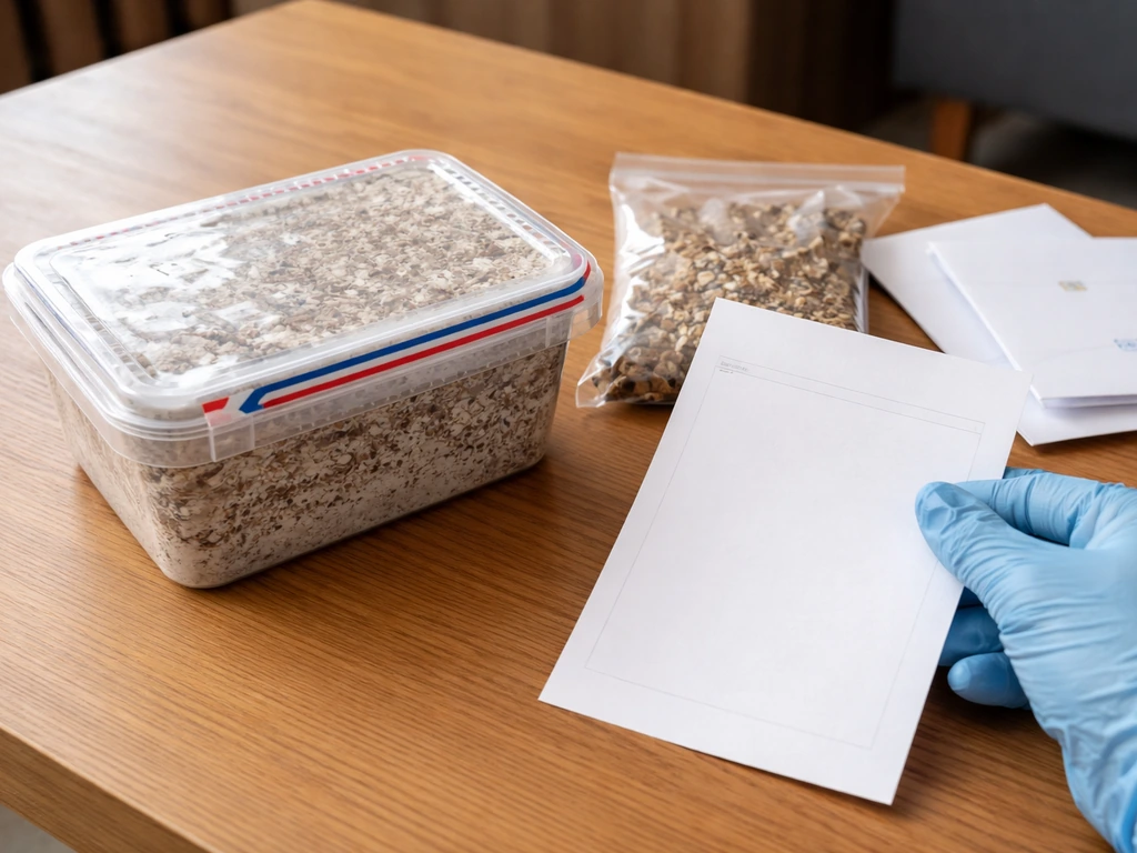 Gloved hand checks a sealed grow kit on a table with a blank checklist sheet beside it.