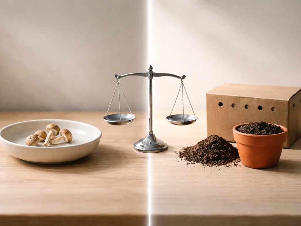 Minimal photo of a legal scale beside a small grow kit silhouette, split by soft light into two halves.