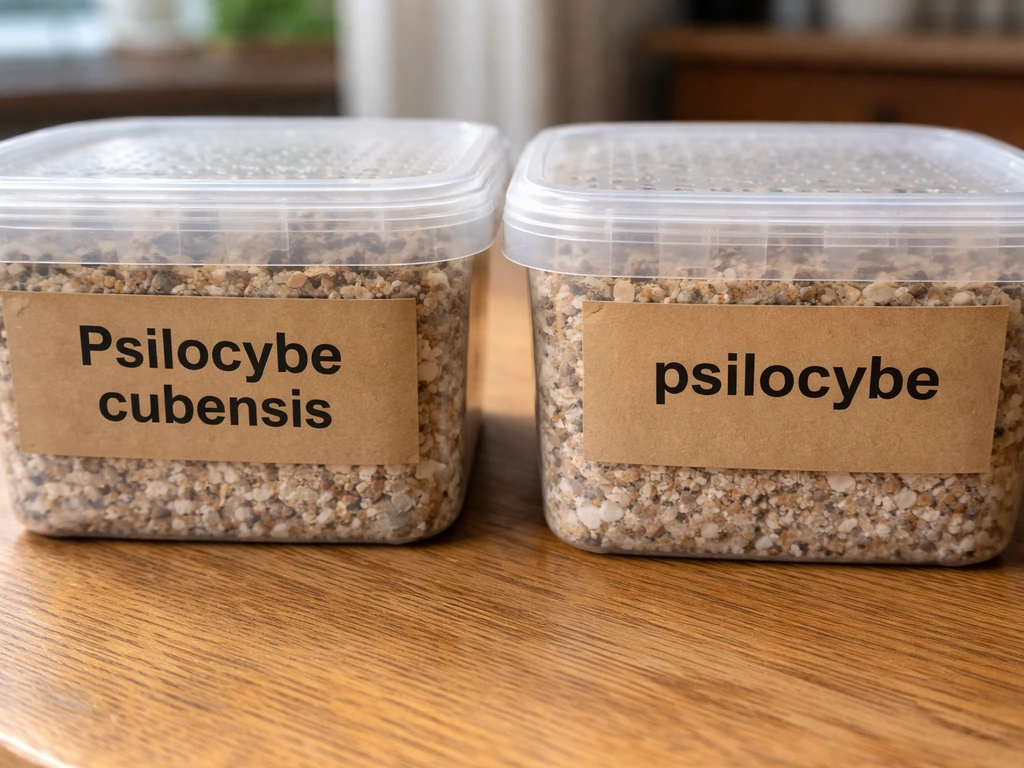 Close-up of mushroom grow kit packaging showing “Psilocybe cubensis” label versus generic “psilocybe” wording