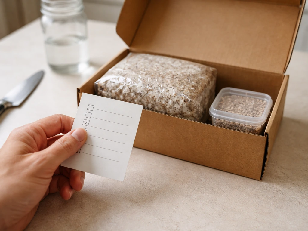 Close-up of a hand reviewing mushroom grow kit items on a simple kitchen table, with checklist notes