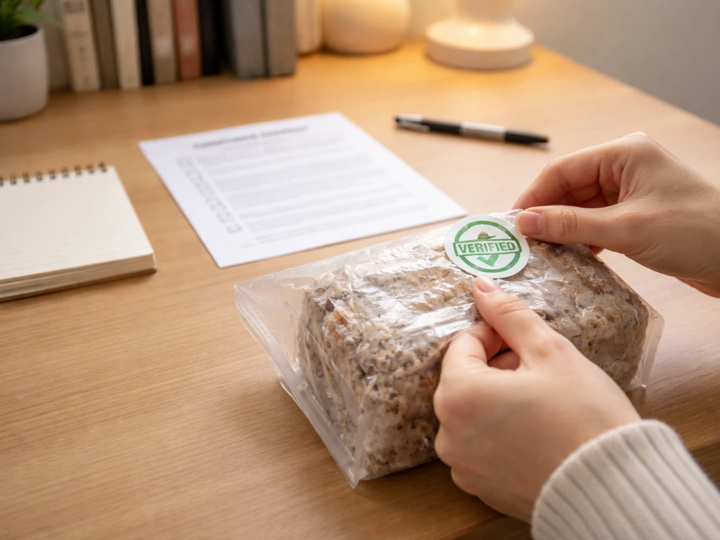 Hands marking a sealed mushroom kit as verified next to a printed compliance checklist on a desk.