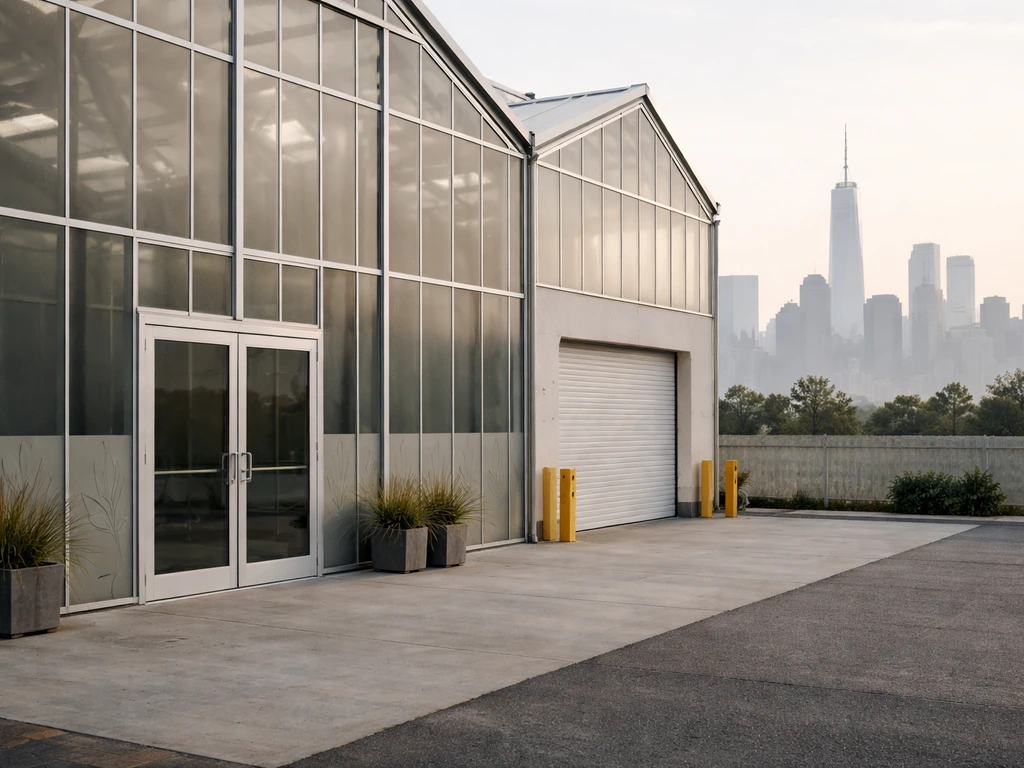 New York–themed industrial greenhouse exterior with distant Manhattan skyline, no people.