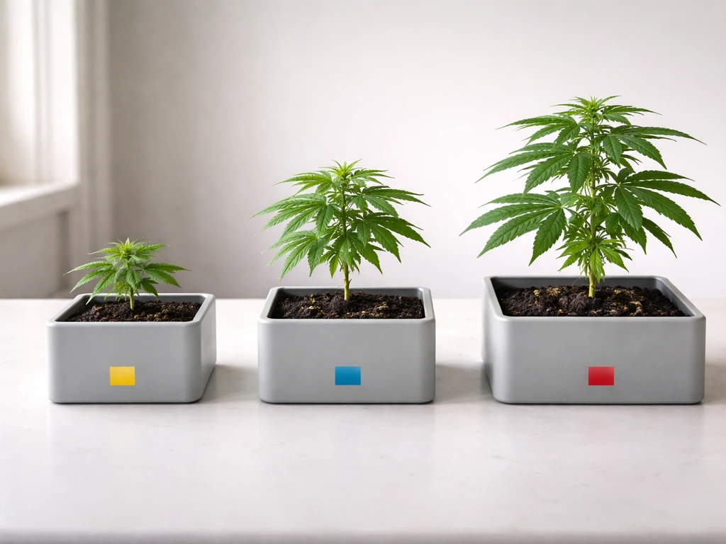 Three side-by-side potted cannabis clones in different canopy sizes on a clean table, code-free color stickers.