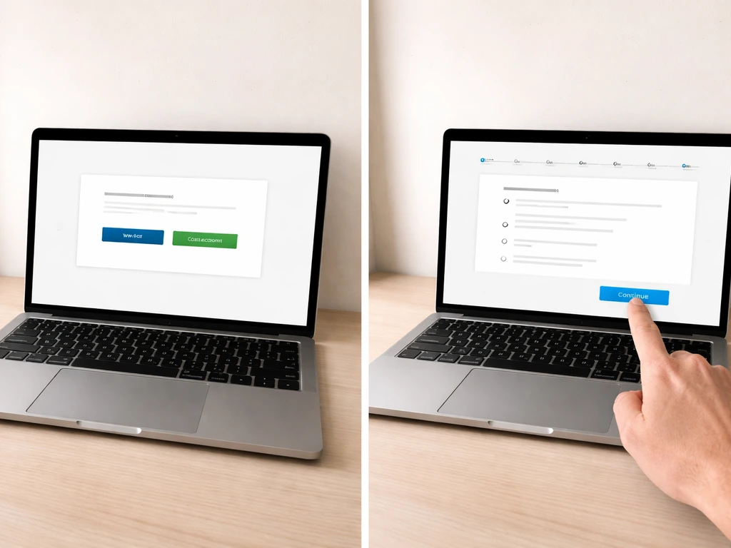 Laptop screen mock showing a generic online licensing portal steps, mouse hovering to proceed.