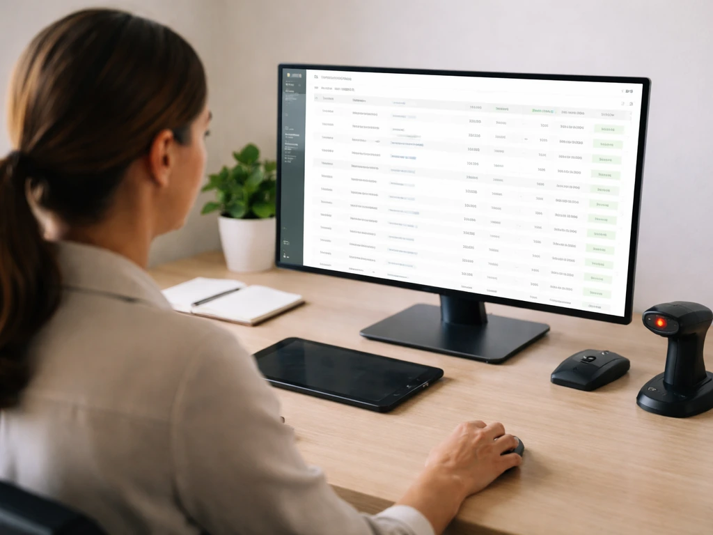 Minimal desk scene showing an off-screen inventory system with tracked lot entries on a monitor.