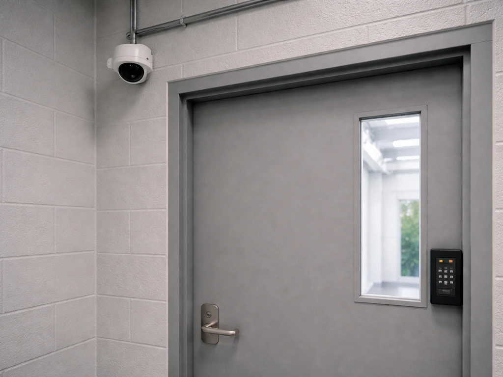 Surveillance camera and door access control hardware mounted on a secure cannabis cultivation room entry