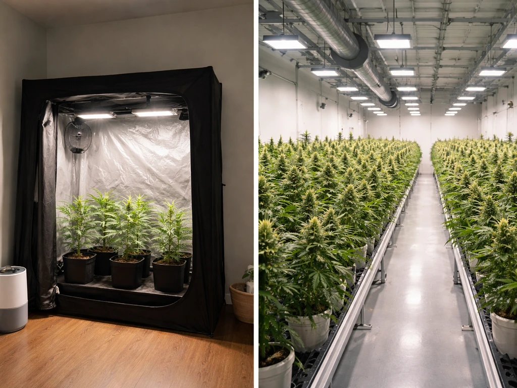 Split photo showing a small legal home cannabis grow setup and a larger authorized cultivation room in Ontario