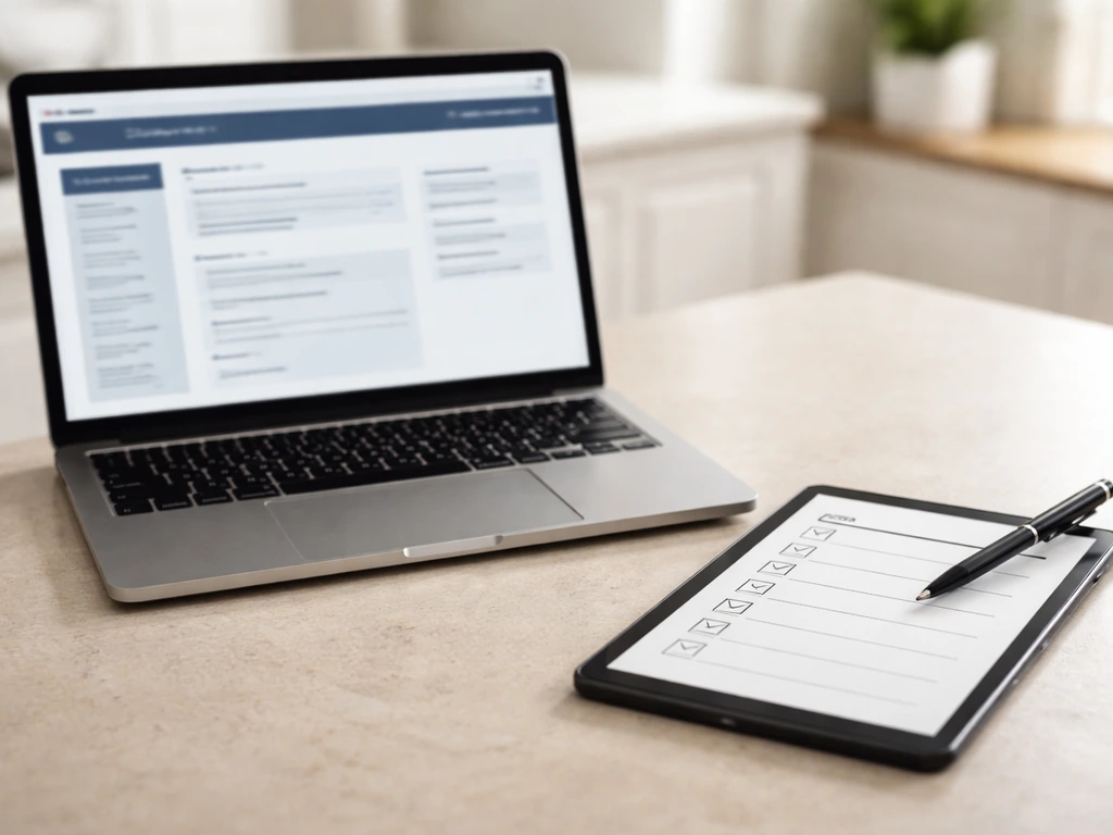 Close-up of a laptop showing a generic government portal page with a checklist on a tablet and pen