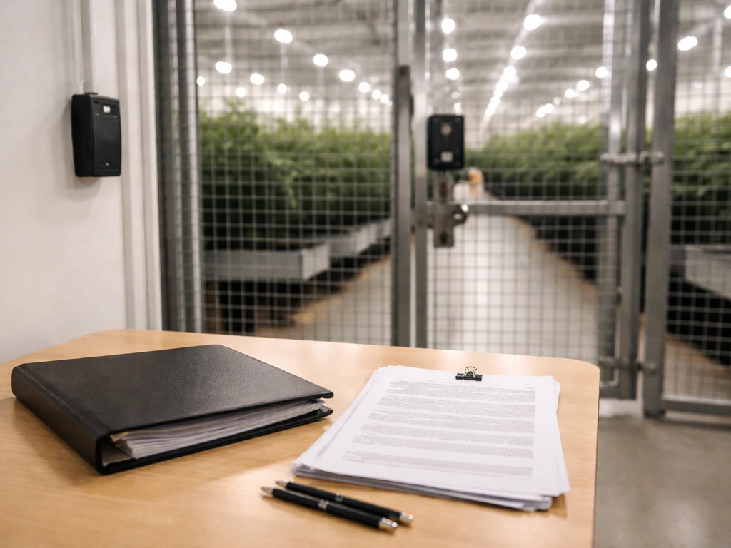 Lockable access control gate and a desk with compliance binder and printed licence papers.