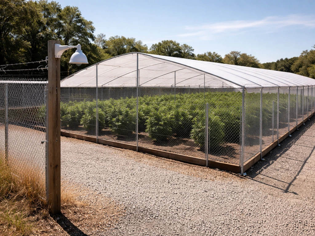 Outdoor fenced cannabis grow canopy under sunlight with security camera and defined perimeter