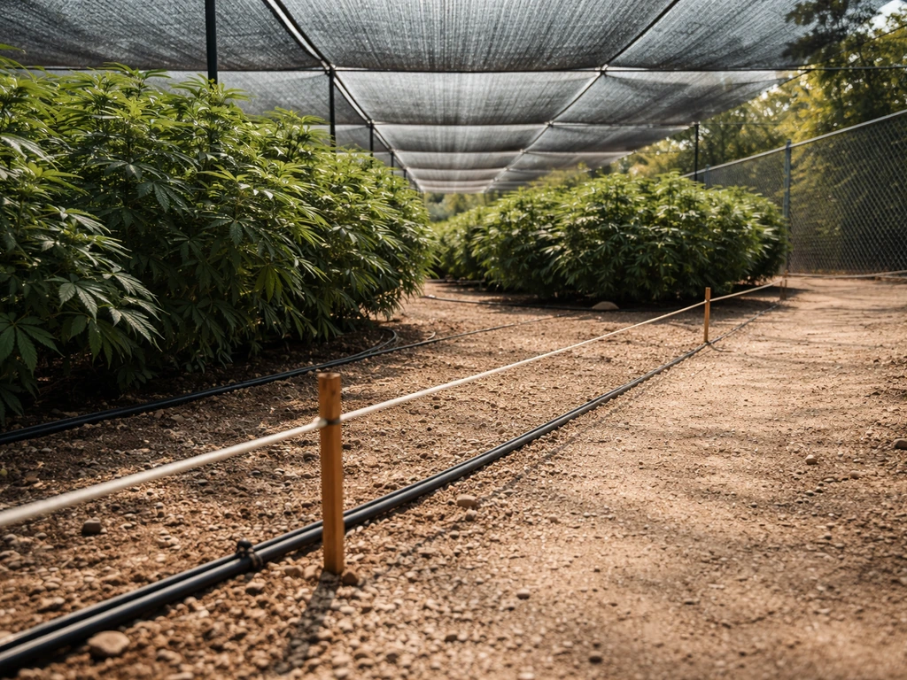 Ground-level view of a secured outdoor grow area with boundary stakes and overhead canopy mesh coverage.