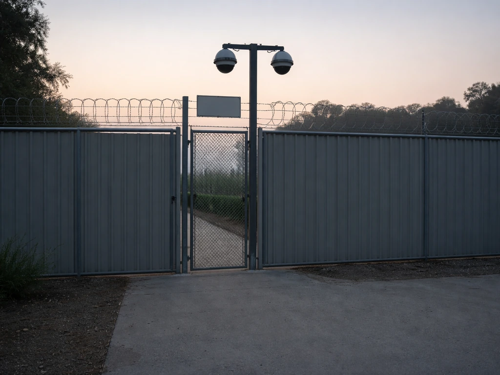 Locked outdoor gate and opaque fence with security cameras guarding a perimeter at dusk.