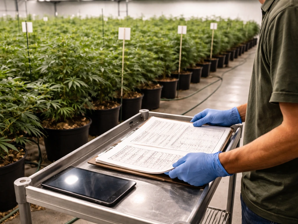 Anonymous grower reviews compliance records beside a tablet near organized plant rows in a clean grow room.