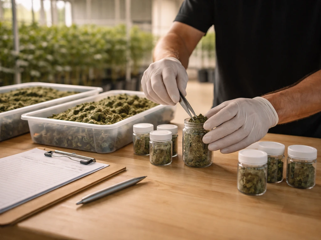 Person’s hands staging harvested cannabis samples and an inspection checklist on a table near grow rows.